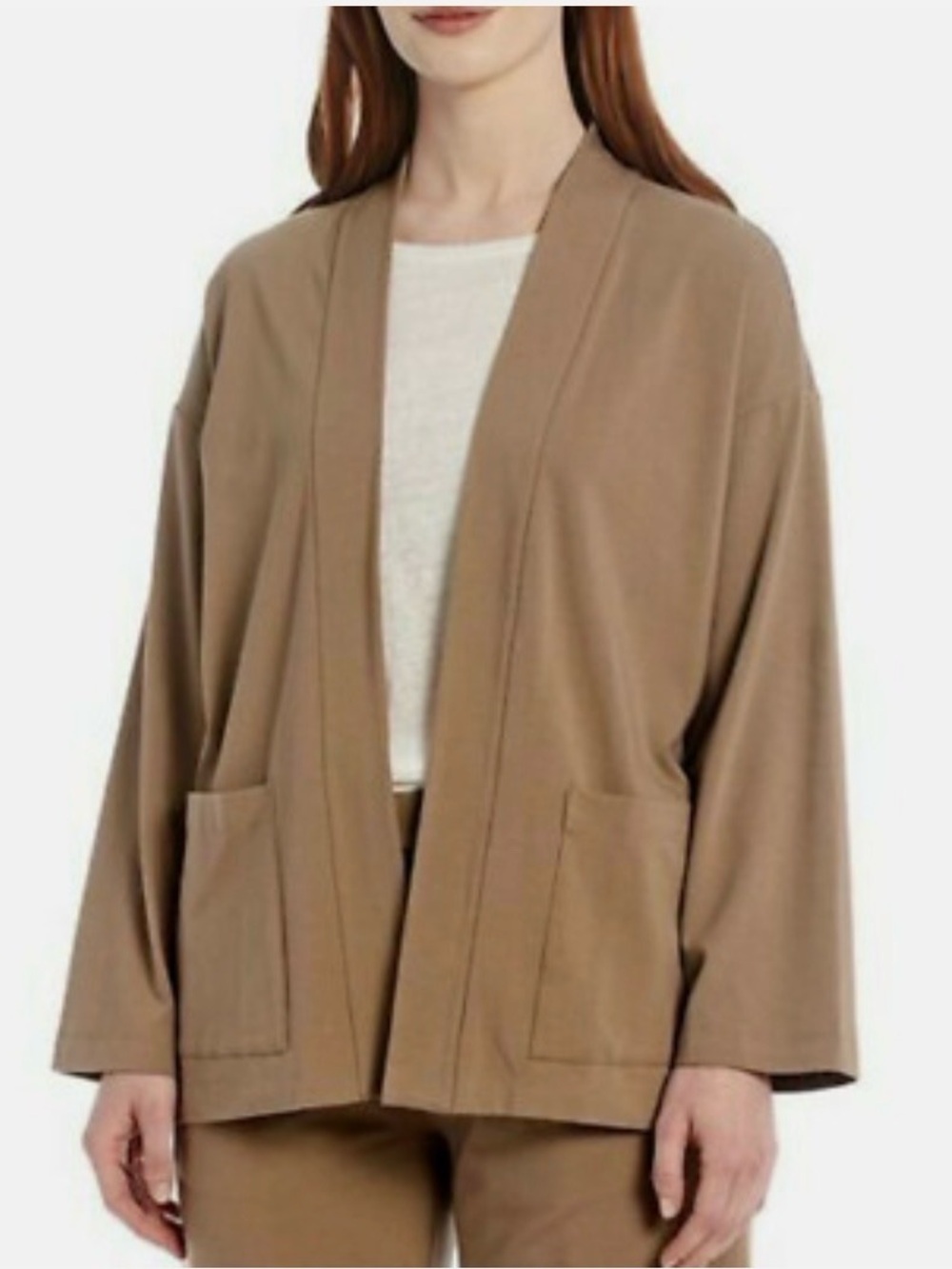 Eileen Fisher Woman Tan Open Front Cardigan XS Organic Cotton Pockets Minimalist